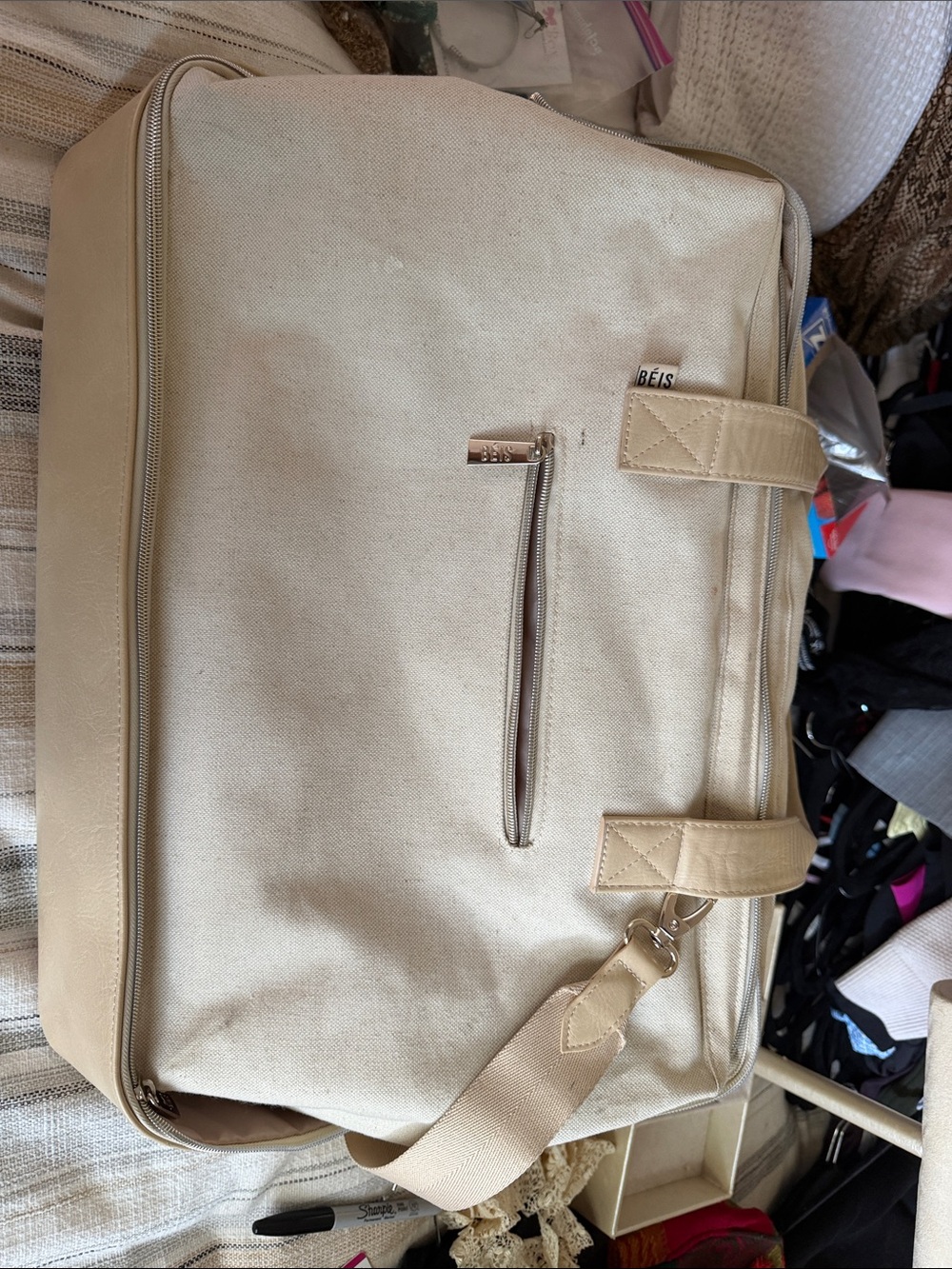 BEIS Cream Canvas Duffel with Detachable Strap